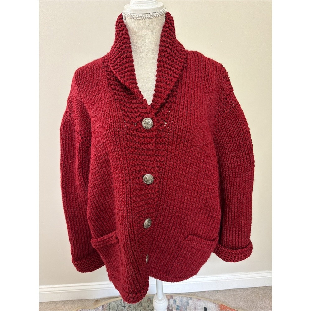 Chunky Handmade Red Knit Sweater XL Soft Cardigan Oversized